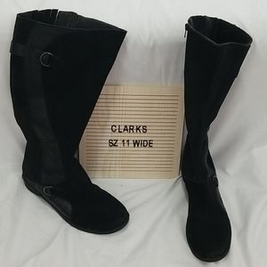 CLARKS Black Leather Knee Boots 11 Wide Zippers